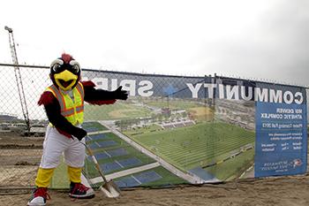 Rowdy in front of MSU Denver Athletic Complex banner