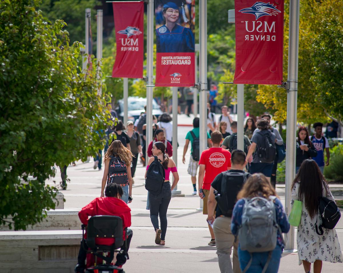 Students walking down pathway on Auraria Campus