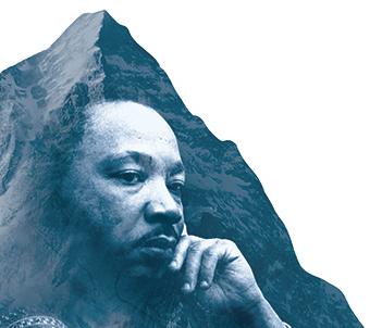 Martin Luther King Jr superimposed in front of a mountain