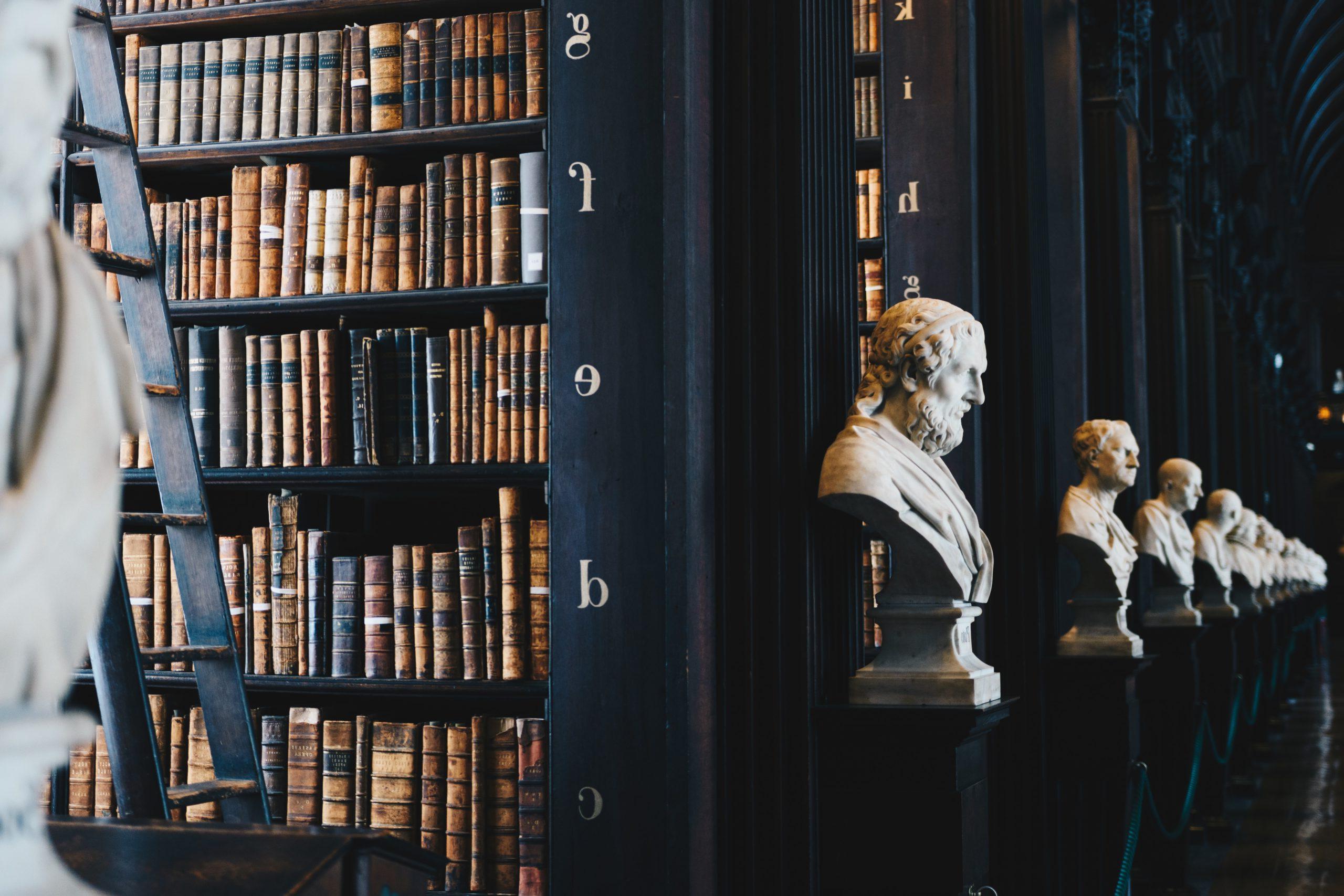 Picture of Busts in a library with books. Giammarco摄