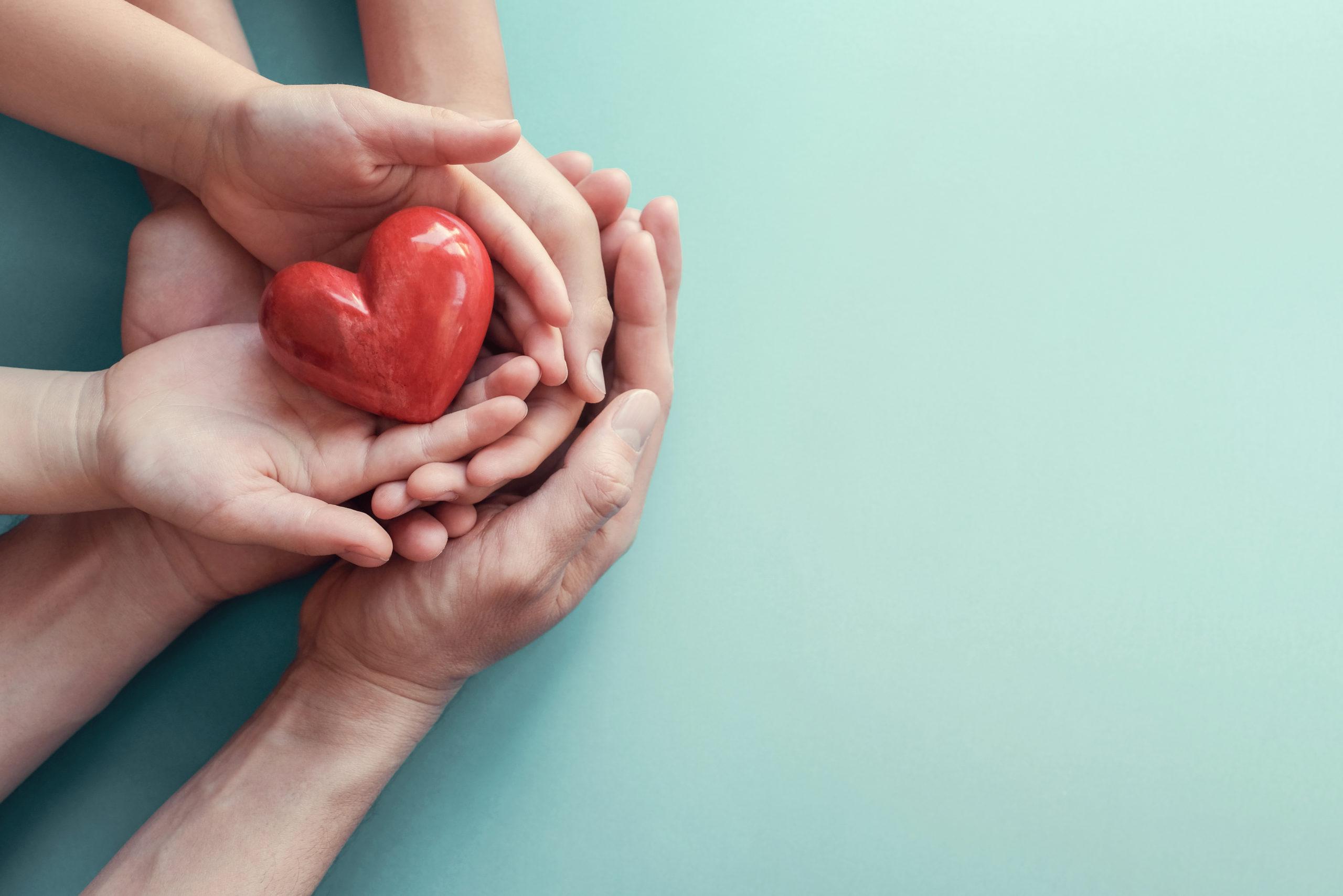 adult and child hands holding red heart on aqua background, 心脏健康, 捐赠, 企业社会责任概念, 世界心脏日, 世界卫生日, 家庭日
