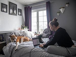 一个学生和她的狗在床上做作业.